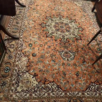 Sale Photo Thumbnail #75: Traditional Persian-style area rug featuring an ornate central medallion, intricate floral motifs, and a multi-tiered border in terracotta, cream, and blue tones.