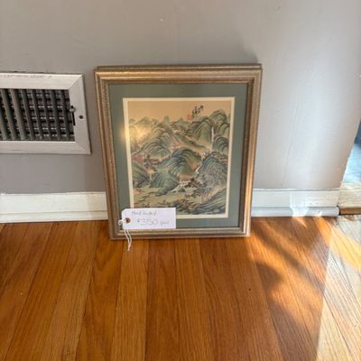 Sale Photo Thumbnail #2: Framed Asian-style landscape watercolor painting featuring a mountain and river scene, set in a metallic ornate frame with double matting.