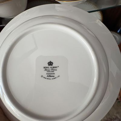 Sale Photo Thumbnail #27: Underside of a Royal Albert Bone China plate in the Paragon Athena pattern, dated 1966.