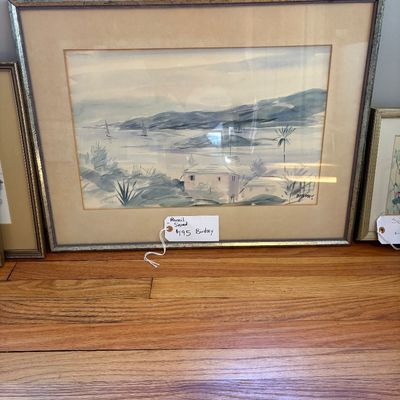 Sale Photo Thumbnail #4: Framed and matted original watercolor landscape painting depicting a coastal harbor scene, pencil signed by Alfred Birdsey.