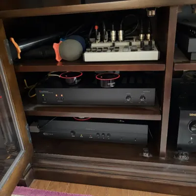 A wooden media cabinet filled with modern audio and electronic equipment, including an AudioControl amplifier, Amazon Echo Dot devices,...