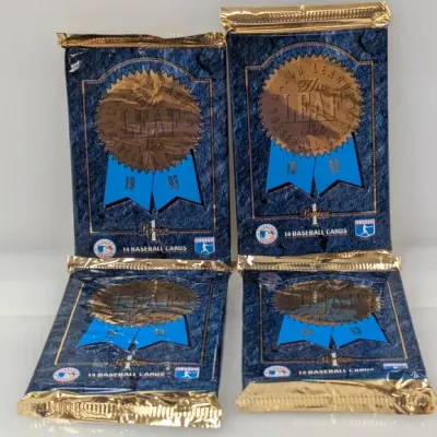 Four sealed foil packs of 1993 Leaf Series 1 Major League Baseball cards, each containing 14 cards.