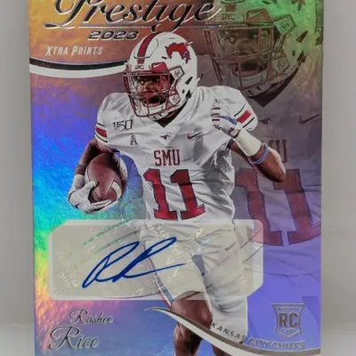 2023 Panini Prestige Xtra Points Rashee Rice rookie card featuring an on-card autograph and holographic finish.