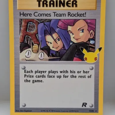 Pokémon Celebrations 25th Anniversary edition "Here Comes Team Rocket!" Trainer trading card (15/82).