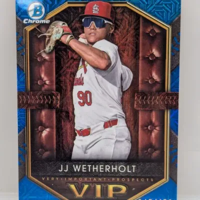 Bowman Chrome JJ Wetherholt 'Very Important Prospects' (VIP) blue refractor trading card, numbered 045/150.