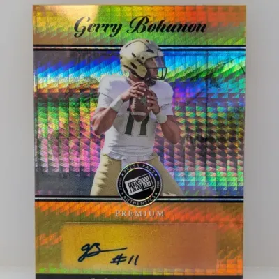 2024 Press Pass Premium Gerry Bohanon Golden Arm autographed trading card featuring a rainbow foil mosaic background.