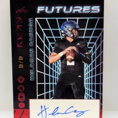 Leaf Futures Helaman Casuga autographed football trading card, hand-numbered 48/49.