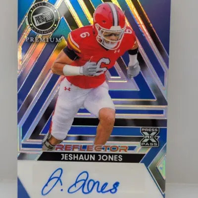 Press Pass Premium Reflector autograph rookie trading card featuring Jeshaun Jones in a Maryland Terrapins uniform.
