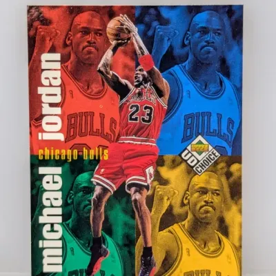 1998-99 Upper Deck UD Choice Michael Jordan Chicago Bulls basketball card featuring a multi-color graphic background.