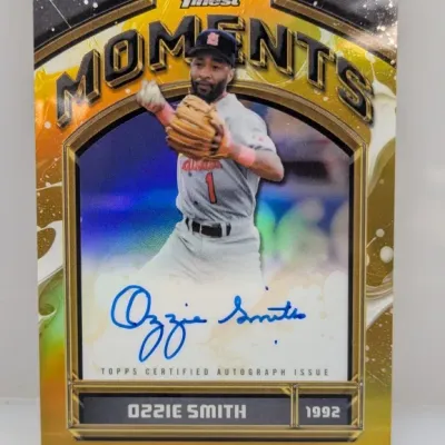 Topps Finest Moments Ozzie Smith certified autograph trading card, hand-numbered 34/50.