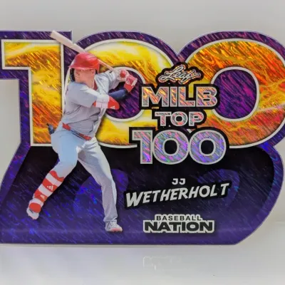 Leaf MiLB Top 100 die-cut trading card featuring JJ Wetherholt in a vibrant foil finish.