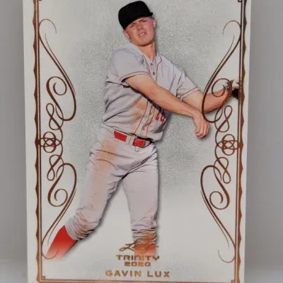 2020 Leaf Trinity Gavin Lux baseball trading card featuring decorative copper foil accents and a textured background.