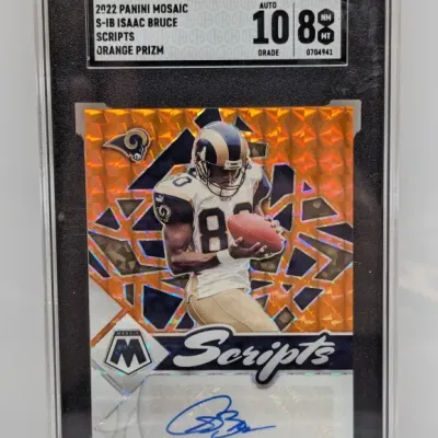 SGC-graded 8.5 NM-MT 2022 Panini Mosaic Scripts Isaac Bruce autograph card with an Orange Prizm parallel.