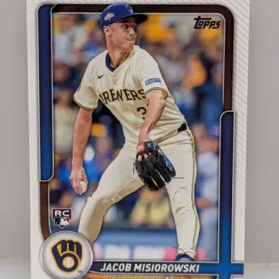 Topps Jacob Misiorowski rookie baseball card featuring the Milwaukee Brewers pitcher in full uniform.