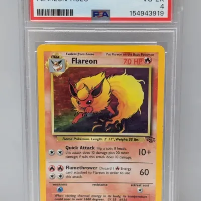 PSA 4 VG-EX graded 1999 Pokémon Jungle Flareon Holo trading card #3 encased in a protective slab.