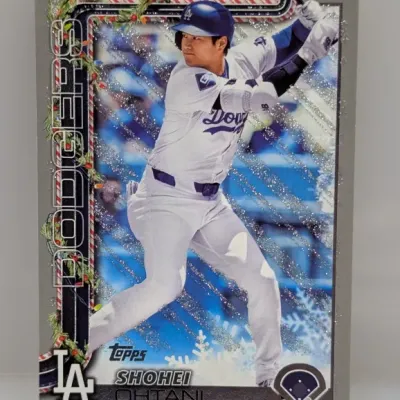 Topps Shohei Ohtani Los Angeles Dodgers holiday edition baseball trading card with metallic glitter finish, in good condition.