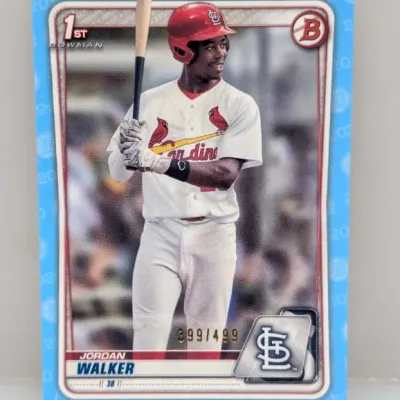 2020 Bowman 1st Jordan Walker Sky Blue Paper Refractor trading card, serial numbered 399/499.