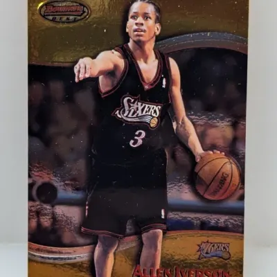 1997-98 Bowman's Best Allen Iverson metallic basketball card featuring the Philadelphia 76ers guard.