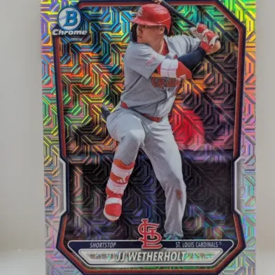 Bowman Chrome JJ Wetherholt St. Louis Cardinals baseball trading card featuring a mojo refractor parallel finish.