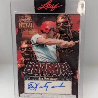 Leaf Metal Horror series trading card featuring an autograph from Carl Yastrzemski, sealed in a factory hard plastic holder.