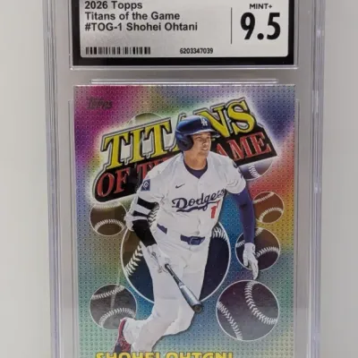 CGC-graded 9.5 Mint+ 2026 Topps Titans of the Game #TOG-1 Shohei Ohtani trading card in a protective slab.