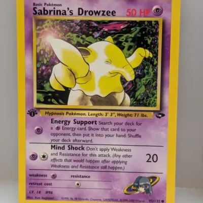 1st Edition Sabrina's Drowzee Pokémon trading card from the Gym Heroes set, numbered 95/132 and dating to 2000.