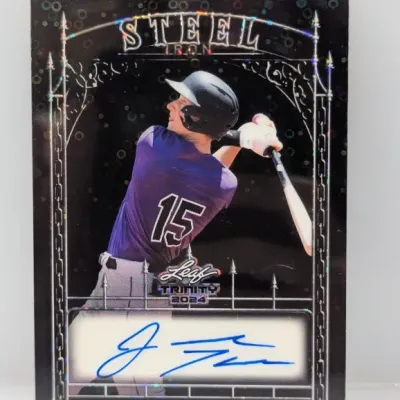 2024 Leaf Trinity Steel Iron Jared Thomas autographed baseball card featuring a dark holographic finish.