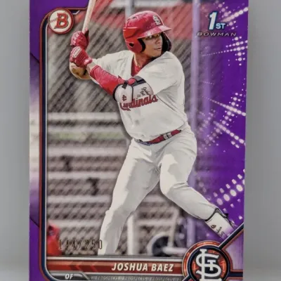 2022 Bowman 1st Joshua Baez purple prospects baseball card, numbered 144/250, featuring the St. Louis Cardinals outfielder in good...