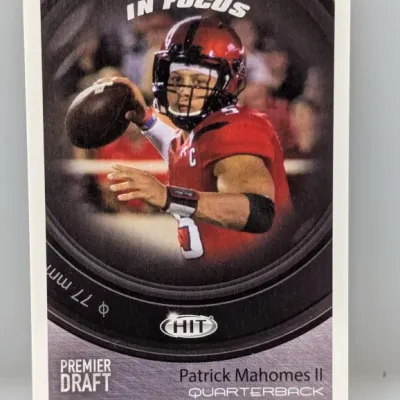2017 SAGE HIT Premier Draft 'In Focus' Patrick Mahomes II rookie trading card.