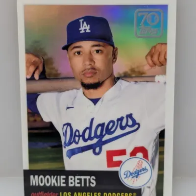 2021 Topps Series 1 Mookie Betts Los Angeles Dodgers baseball card featuring the 70th Anniversary logo, shown in a protective sleeve.