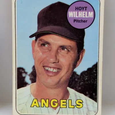 1969 Topps Hoyt Wilhelm #385 baseball card featuring the Hall of Fame pitcher in an Angels uniform.