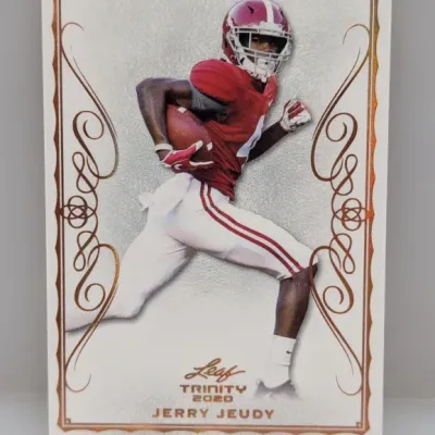 2020 Leaf Trinity Jerry Jeudy trading card featuring an ornate metallic border design.