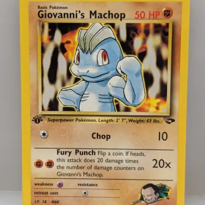1st Edition Giovanni's Machop Pokémon trading card, Gym Challenge series #72/132, dated 2000.