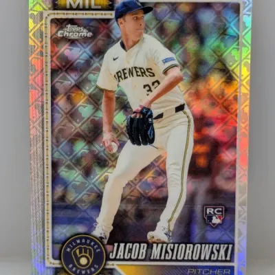 Topps Chrome Jacob Misiorowski rookie baseball card featuring a refractor finish and the Milwaukee Brewers logo.