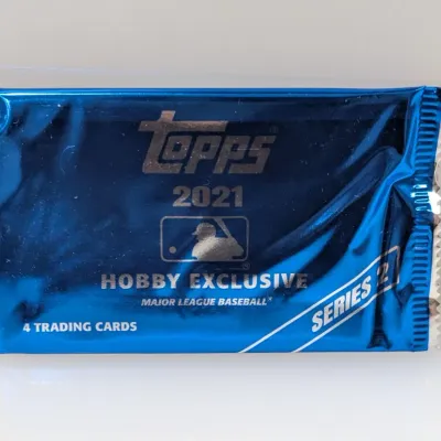 Sealed pack of 2021 Topps Series 2 MLB Hobby Exclusive trading cards in a metallic blue foil wrapper.