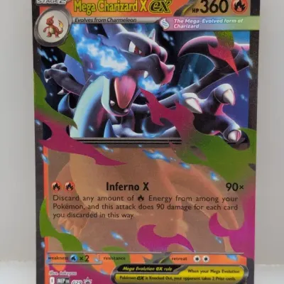Pokémon Mega Charizard X ex trading card with 360 HP and full-art holographic finish.