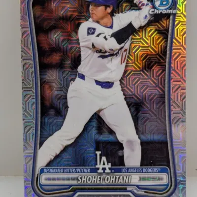 Bowman Chrome Shohei Ohtani Los Angeles Dodgers refractor baseball trading card in mint condition.