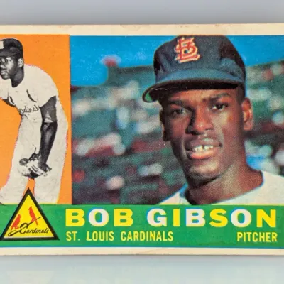 1960 Topps Bob Gibson #316 baseball card featuring the St. Louis Cardinals pitcher, showing slight wear on the top edge and corners.