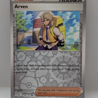 Arven Supporter Trainer card from the 2023 Pokémon Scarlet & Violet: Obsidian Flames expansion (186/197).