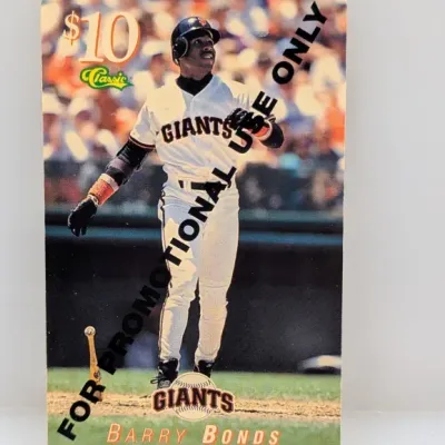 Vintage Classic $10 promotional phone card featuring San Francisco Giants player Barry Bonds.