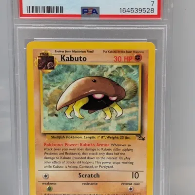 PSA 7 Near Mint 1999 Pokémon Fossil Kabuto card (#50) in protective slab.