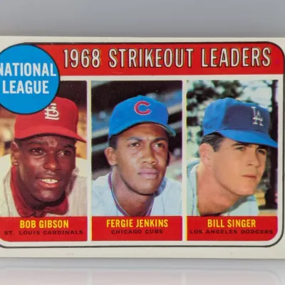 1969 Topps baseball card #6 featuring National League Strikeout Leaders Bob Gibson, Fergie Jenkins, and Bill Singer.