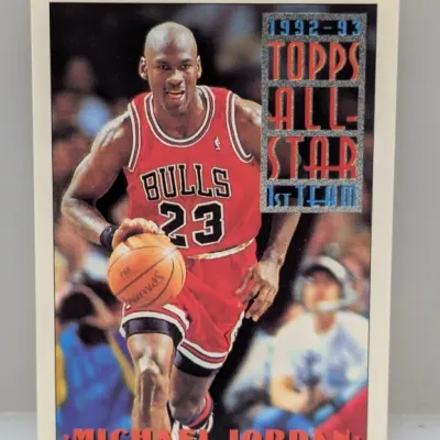 1992-93 Topps All-Star 1st Team Michael Jordan basketball card, #115, featuring the Chicago Bulls guard in excellent vintage condition.
