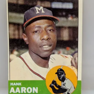 1963 Topps Hank Aaron Milwaukee Braves baseball card #200 in good vintage condition with minor edge wear.