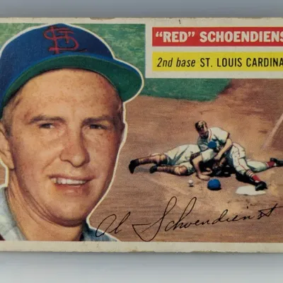 1956 Topps "Red" Schoendienst #225 baseball card, featuring the St. Louis Cardinals second baseman with printed signature and...