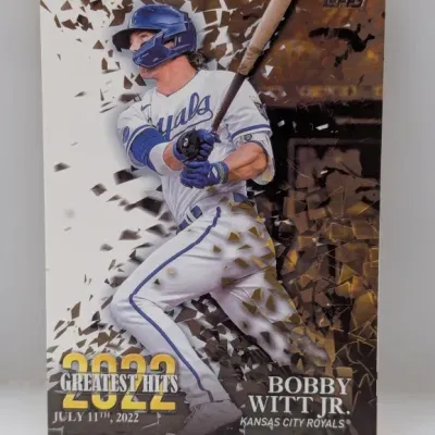 2023 Topps 2022 Greatest Hits Bobby Witt Jr. trading card (#22GH-15) featuring a shatter design with foil accents.