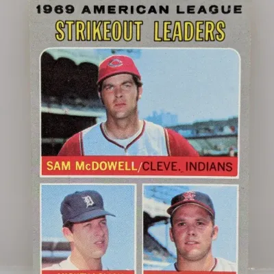 1970 Topps #67 baseball card featuring the 1969 American League Strikeout Leaders Sam McDowell, Mickey Lolich, and Andy Messersmith.