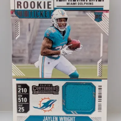 2024 Panini Contenders Jaylen Wright Rookie Ticket football card featuring a player jersey swatch.