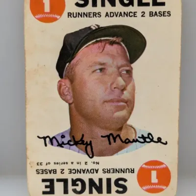 Vintage 1968 Topps Game Mickey Mantle baseball card (#2 in a series of 33), featuring a facsimile signature and game play markings.