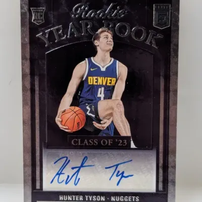 2023 Panini Donruss Elite Hunter Tyson Rookie Yearbook autograph trading card featuring the Denver Nuggets player in good condition.